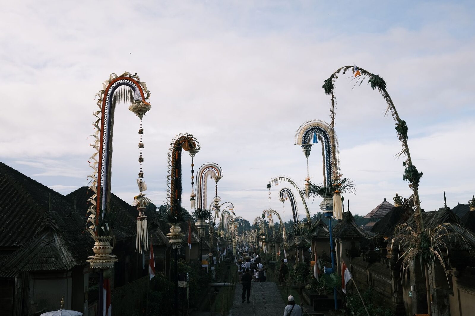 A row of penjor leaning together over the road — one of Bali's loveliest everyday sights.
