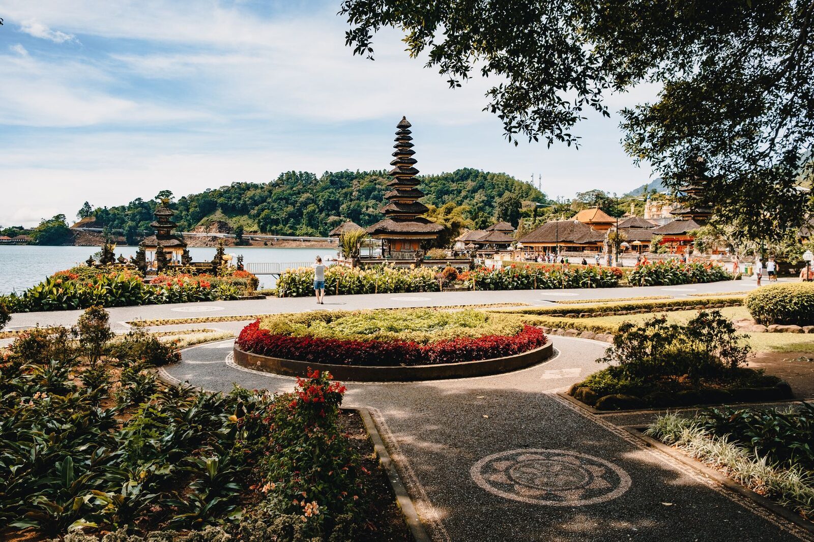 The Bali Botanic Garden (Kebun Raya) at Bedugul — manicured beds and lawns, a gentle midday stop out of the sun.
