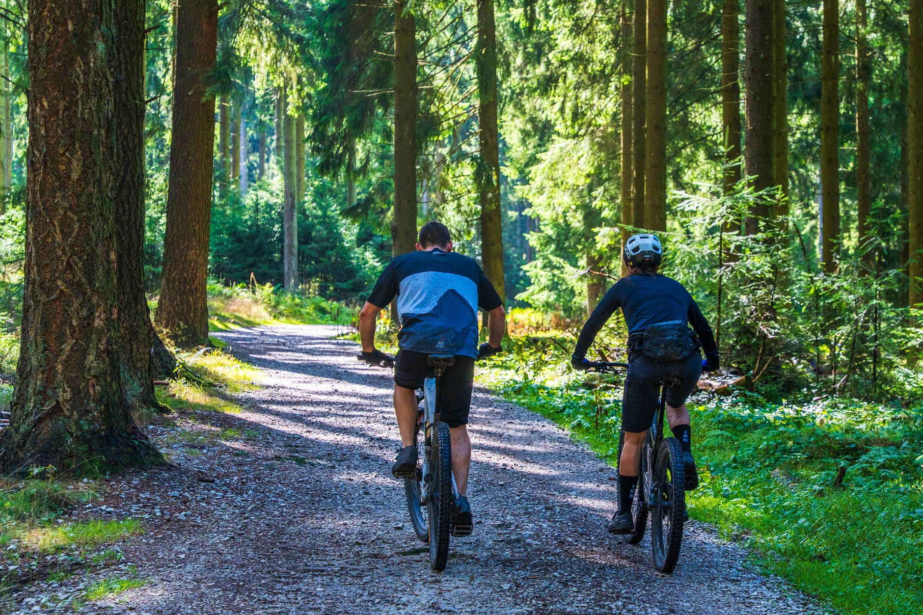 Two mountain bikers on a scenic Bali trail