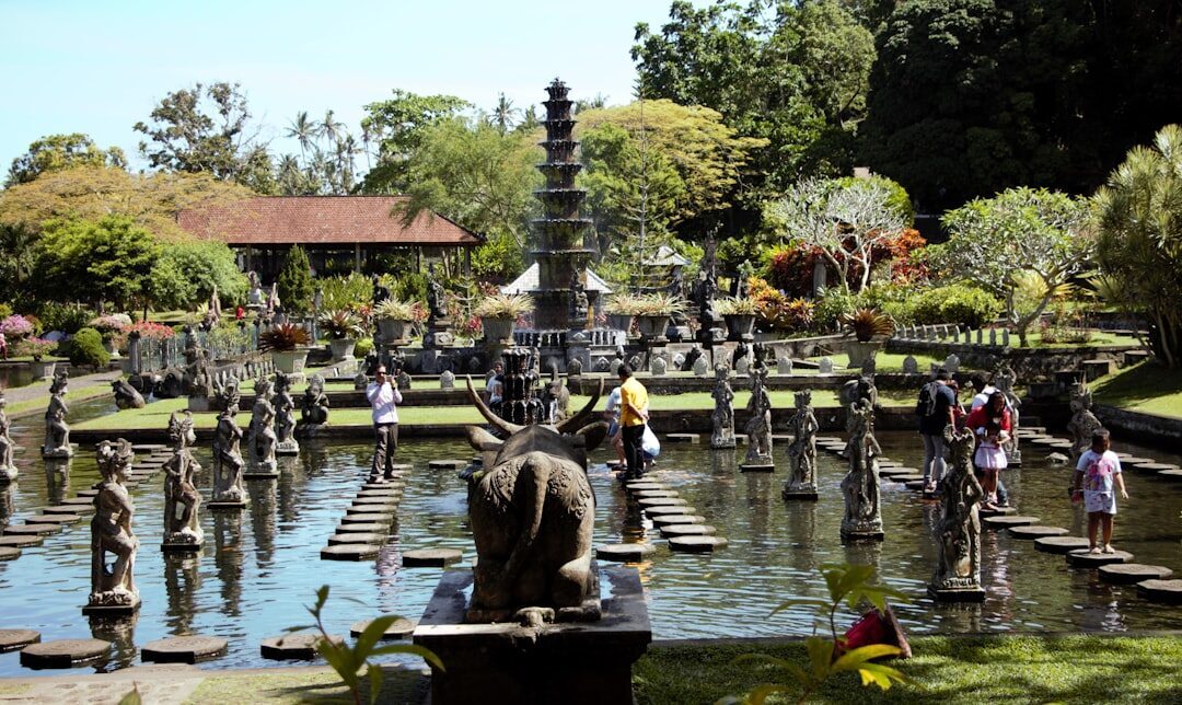 The stepping-stone pool with its statues and the garden behind.