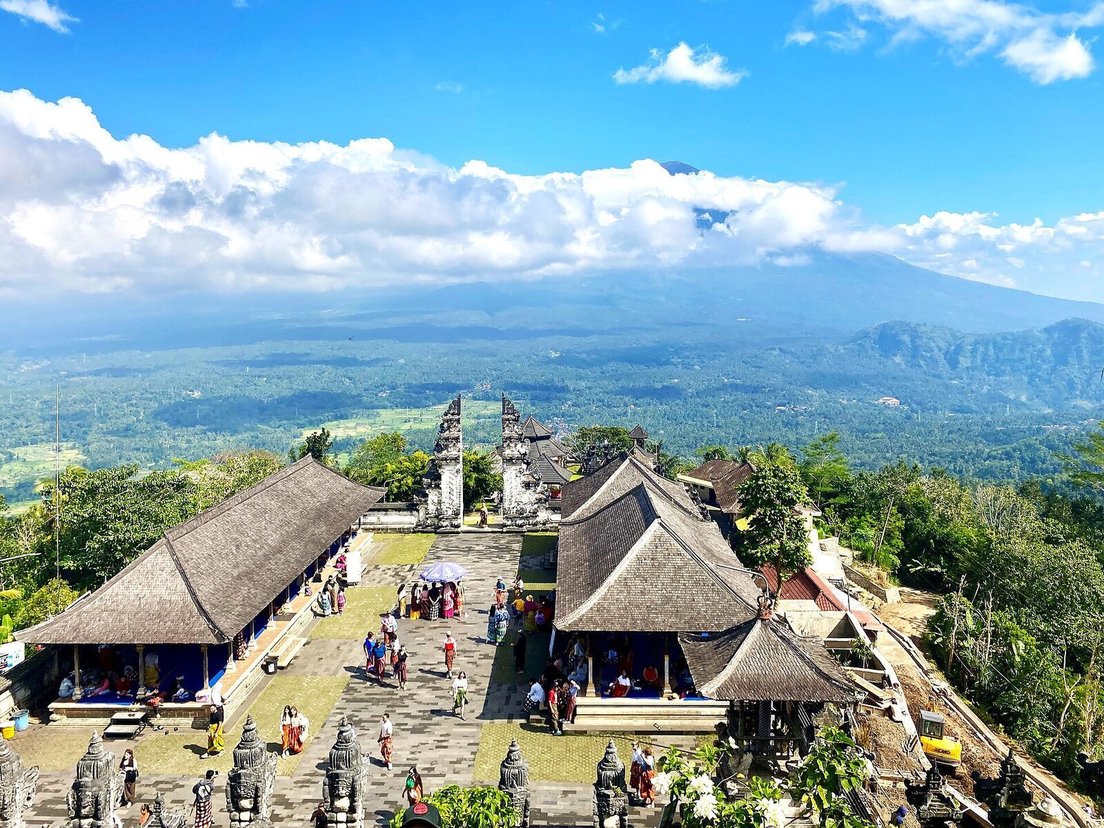 Higher up the complex, the temple pavilions open onto the East Bali ranges.