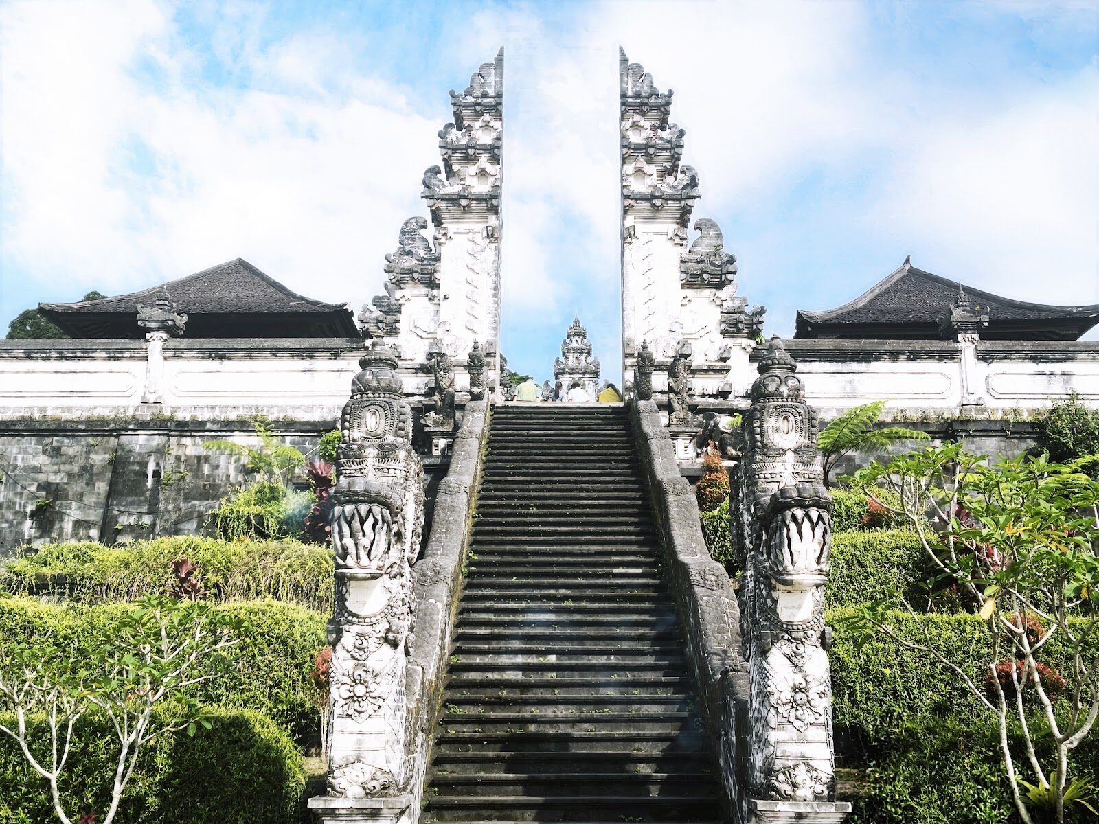 The split gate and its dragon-flanked steps, with the forest closing in behind.
