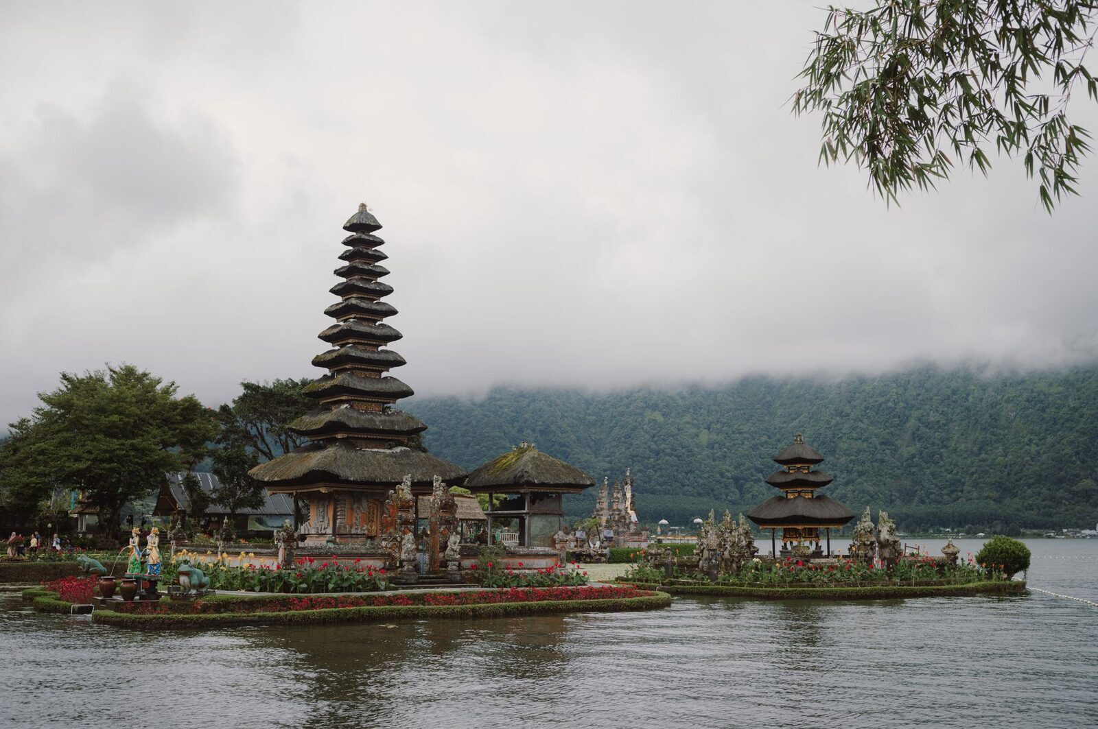 Pura Ulun Danu Bratan on its misty crater lake at Bedugul — the postcard stop on the mountain crossing to Lovina.