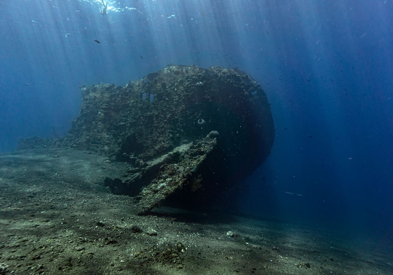 An old wreck looming out of the blue in shafts of light — the kind of coral-draped wreck divers come here for.