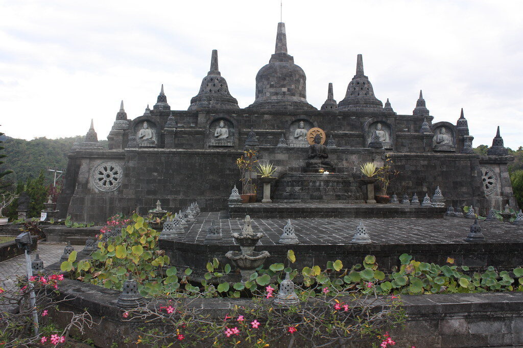 The stupa terrace at Brahmavihara-Arama, Bali's largest Buddhist monastery — an un-touristed 'mini-Borobudur' that pairs easily with the springs.