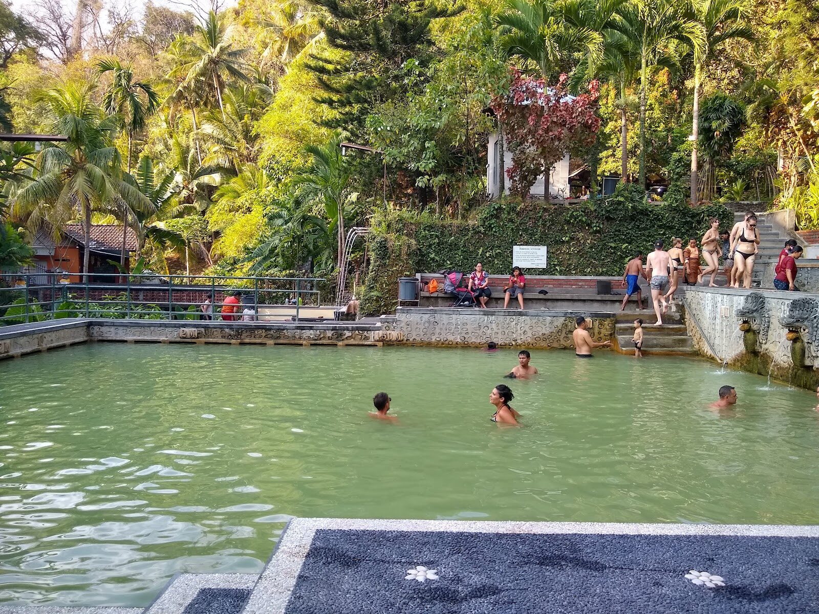 A warm public bathing pool at the springs — unfussy, local, and a world from the south's beach clubs. (A Bali hot-spring pool.)