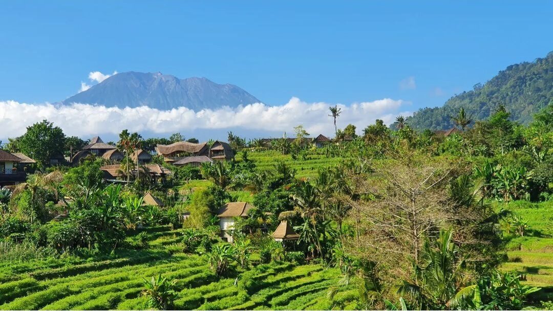 Rice terraces stepping down toward the valley floor with Mount Agung behind — the classic Sidemen view.