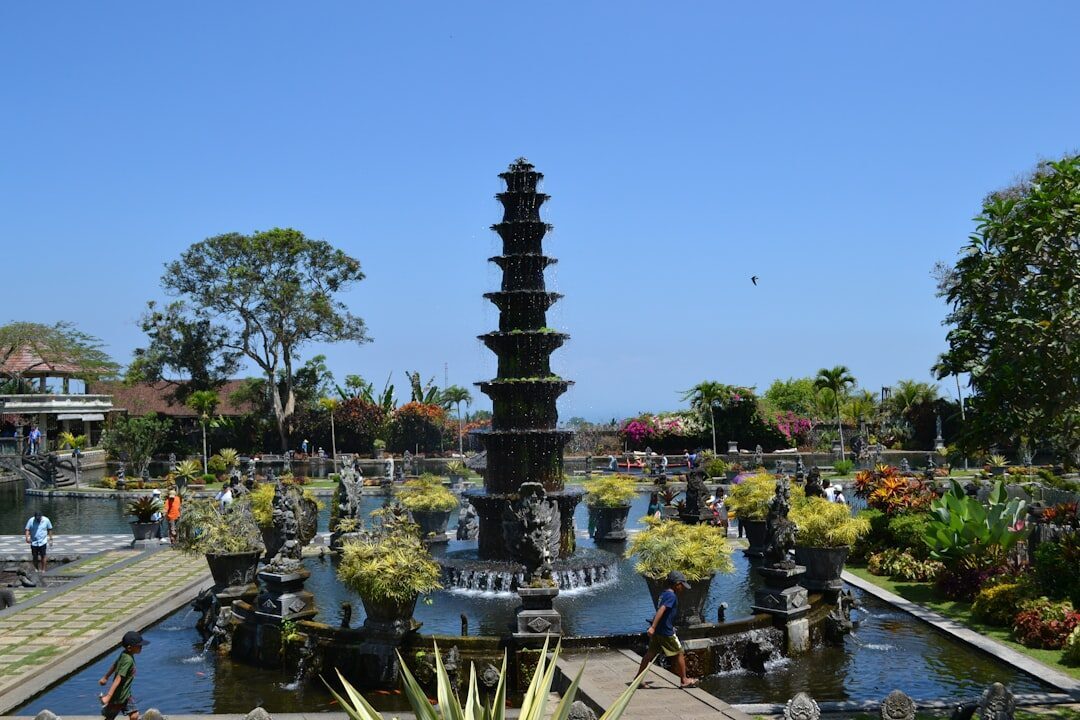 The tiered fountain and the wider garden around it.