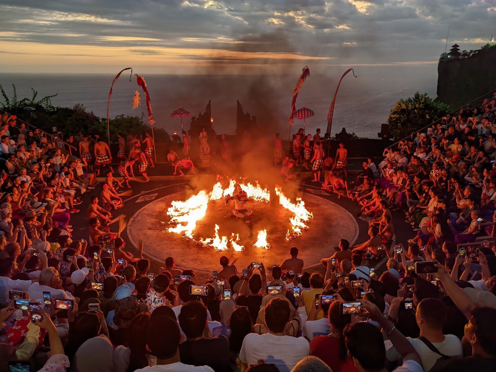 The fire ring at sunset, the whole amphitheatre wrapped around it.