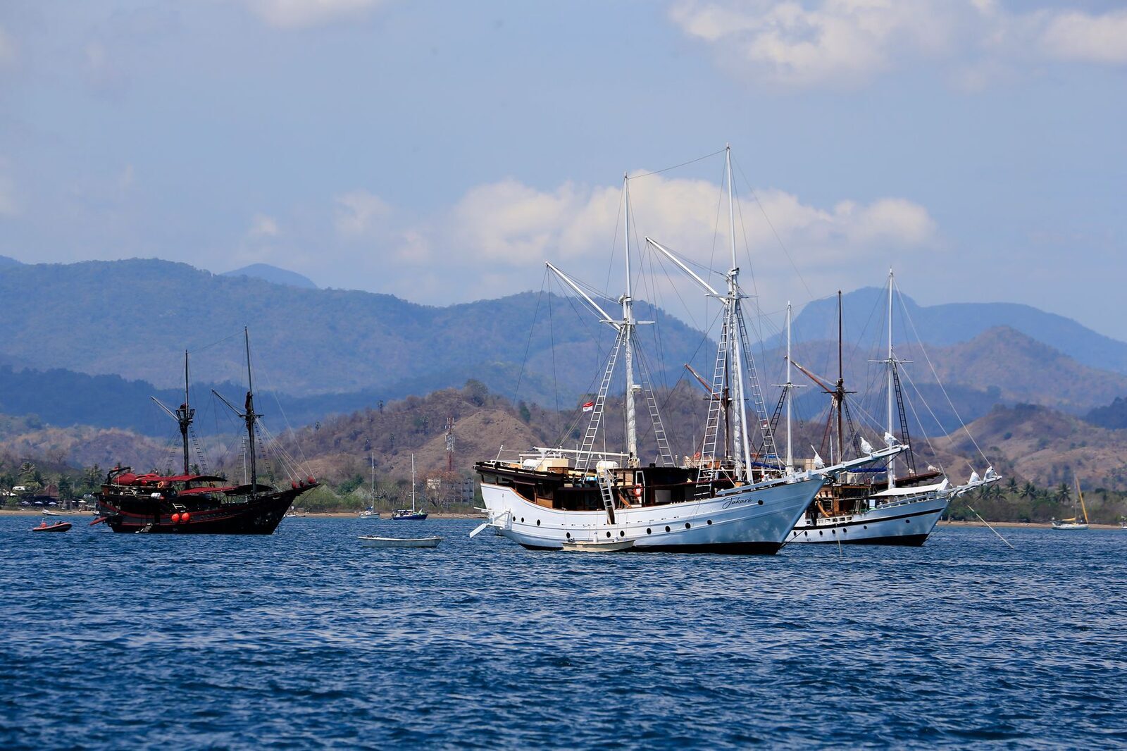 Wooden boats moored off the north coast, hills behind.
